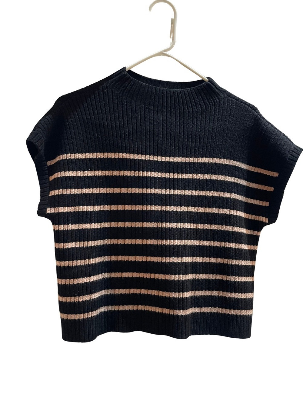Vici Black Knit Short Sleeve Sweater with Cream Stripes
